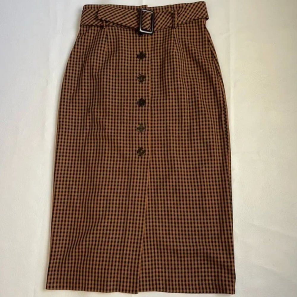 Pencil Brown Plaid Belted Button down Midi skirt